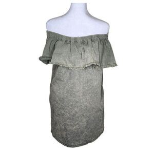 Umgee Off Shoulder Ruffle Denim Mini Dress Womens M Khaki Green